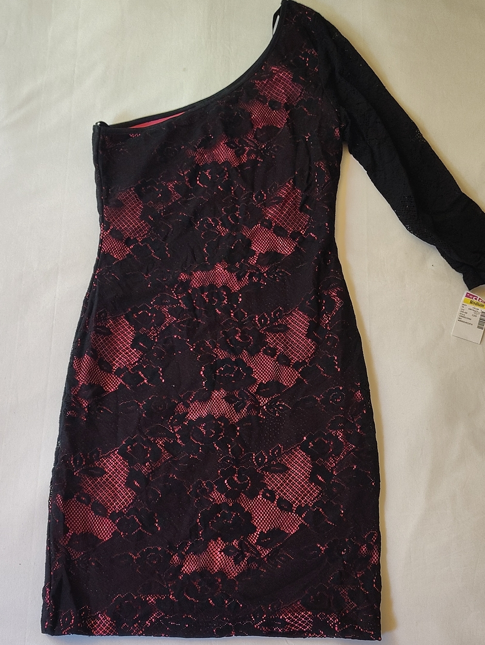 City Triangles Black Lace One-Shoulder Mini Dress with Pink Underlay Medium